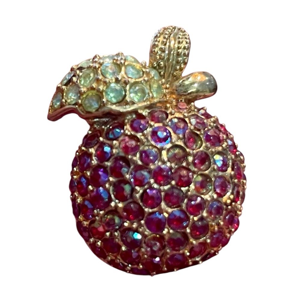 STAR/LAILA ROWE - vtg. pave red & green rhinestone Apple pin - gold tone setting